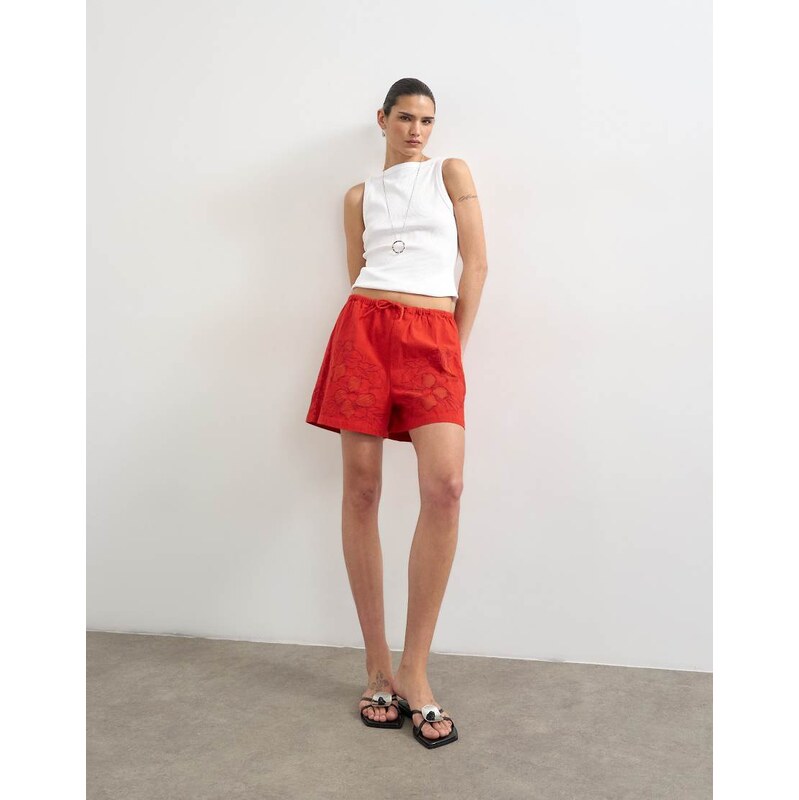 Topshop linen mini short with drawcord in red