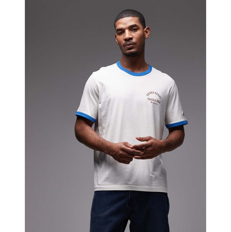 Champion Ringer graphic t-shirt in off-white and blue