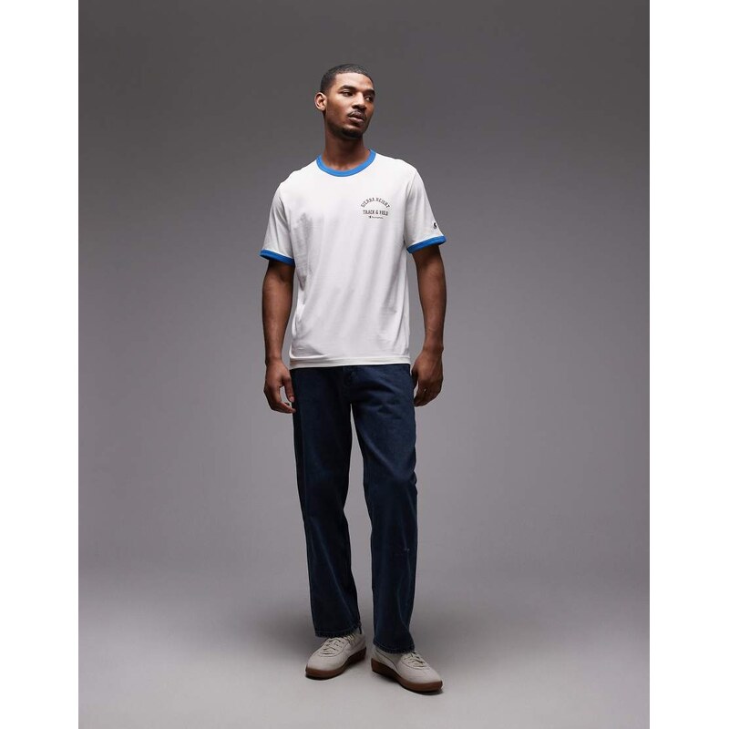 Champion Ringer graphic t-shirt in off-white and blue