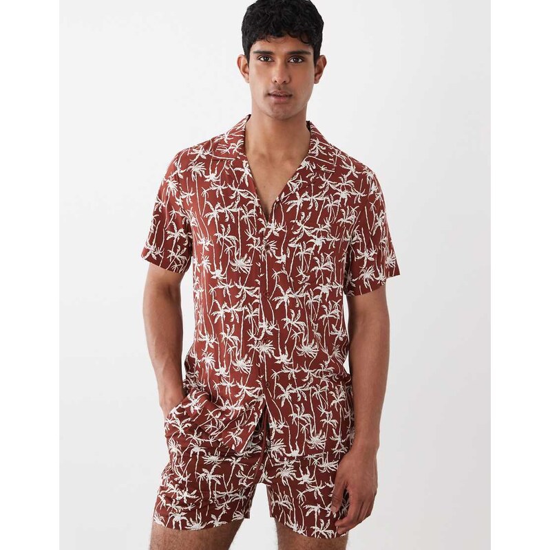South Beach palm print revere shirt in brown
