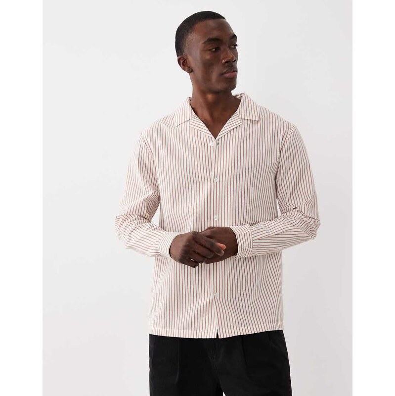 Aray long sleeve linen look shirt in brown stripe 114725917