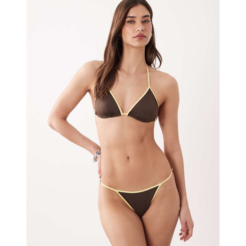 Free Society triangle bikini top with contrast trim in brown 114725937