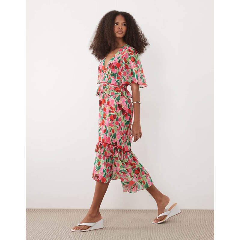 Hope & Ivy midi tea dress with peplum waist in green petal print