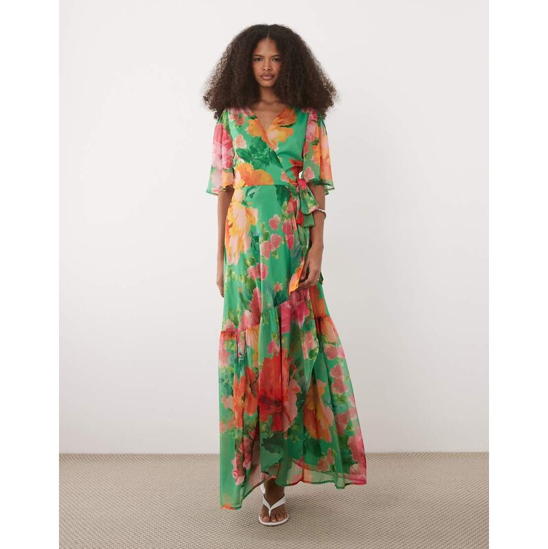 Hope & Ivy flutter sleeve maxi wrap dress with tie waist in