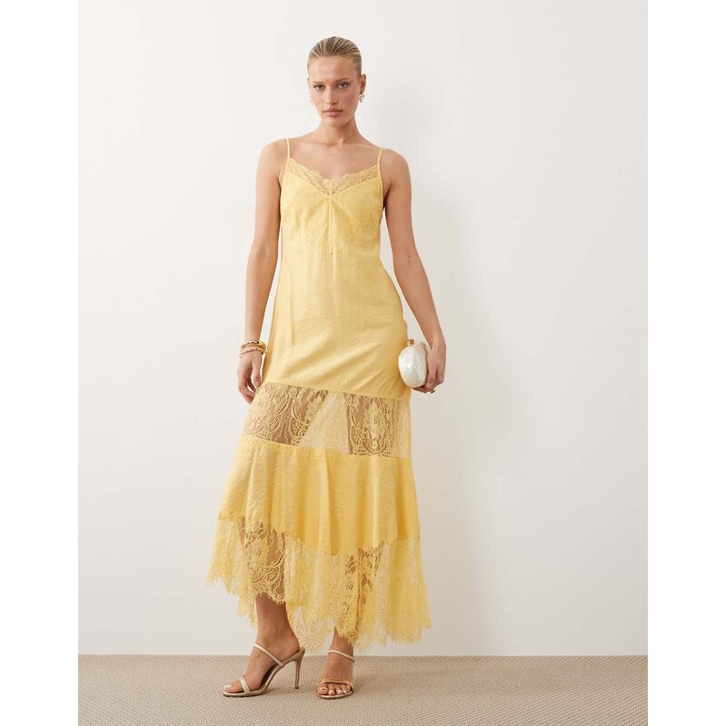 ASOS DESIGN lace insert hanky hem maxi dress in ochre-Yellow
