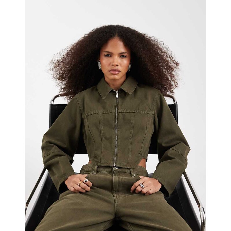 ASOS DESIGN denim corset shirt jacket in khaki co-ord-Brown