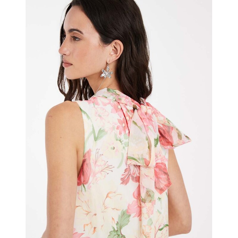 Vero Moda high neck sleeveless ruffle hem maxi dress in cream based pink floral print-White