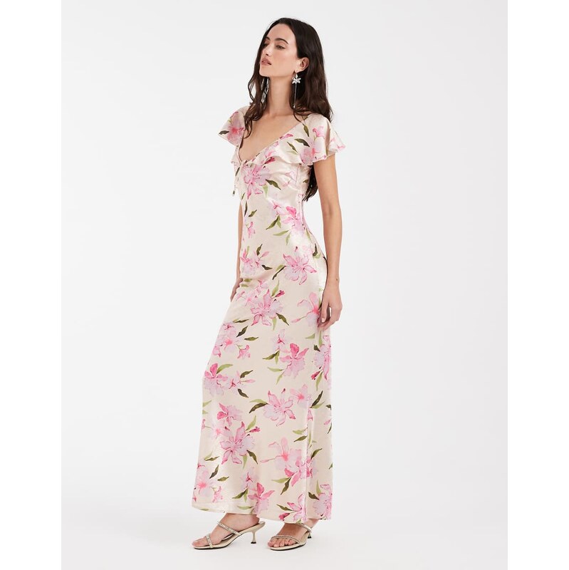 Vero Moda flutter sleeve satin maxi dress in cream based pink