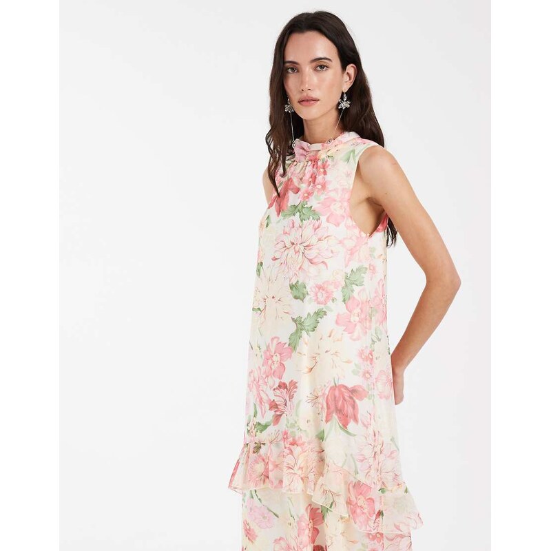 Vero Moda high neck sleeveless ruffle hem maxi dress in cream based pink floral print-White
