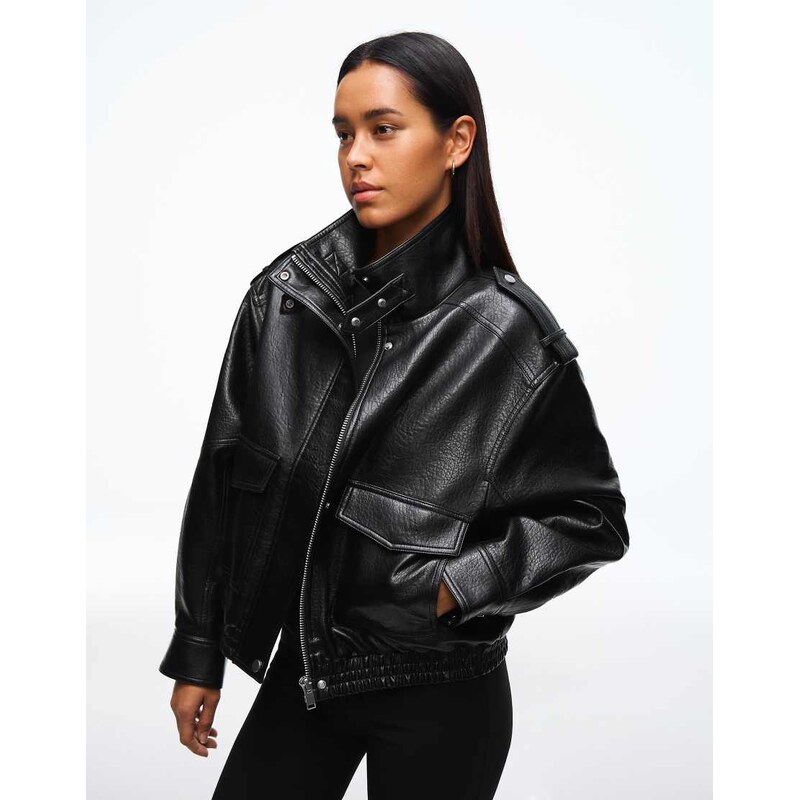 Bershka Leather effect funnel neck jacket in black 114726096