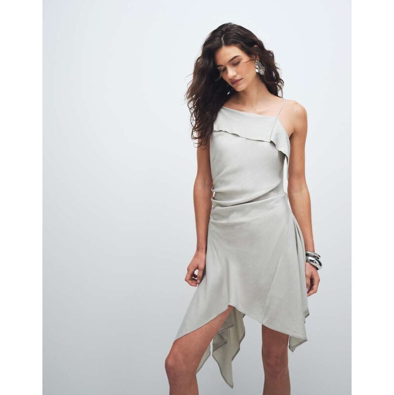 Weekday backless ruffle asymmetric mini dress in light grey