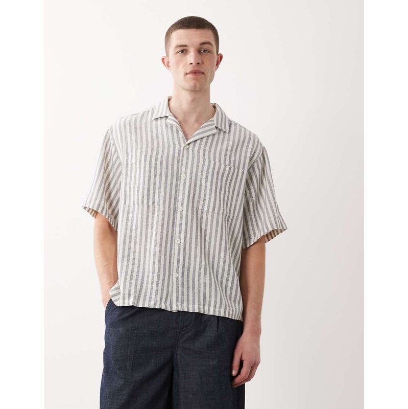 ASOS DESIGN boxy oversized crochet stripe shirt in beige-Neutral