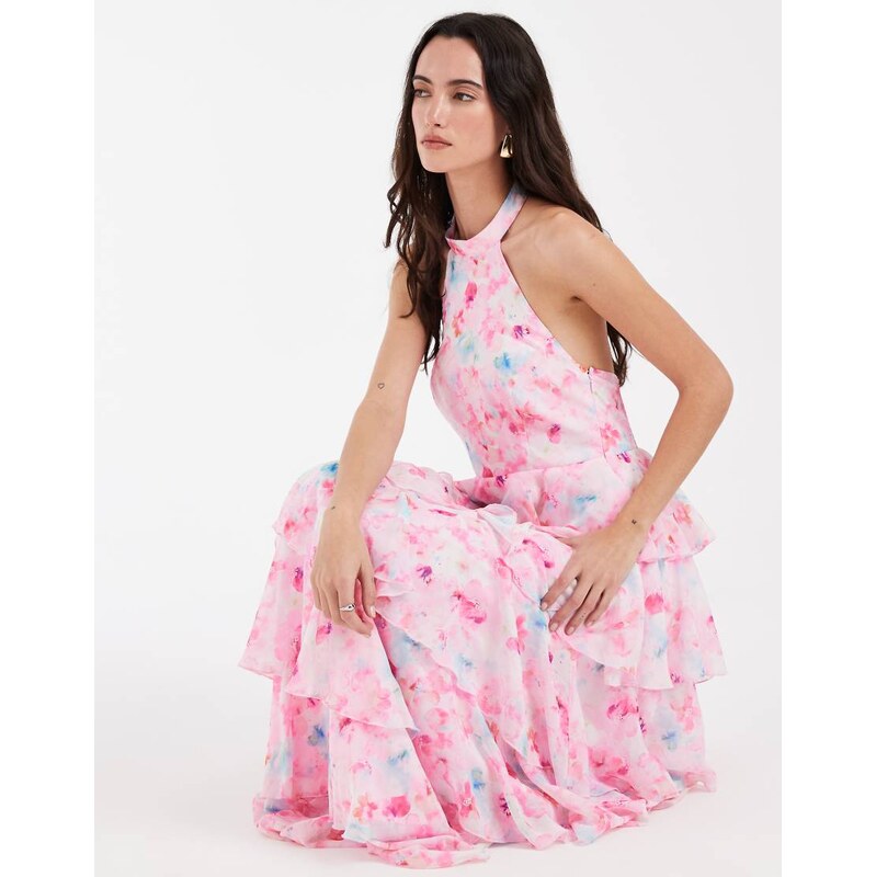 Vero Moda Felicia halter neck tiered maxi dress in pink and blue