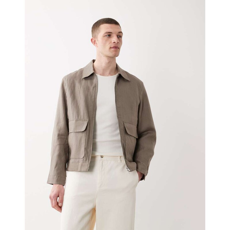 Mango essentials 100% linen double zip jacket in mushroom-Brown