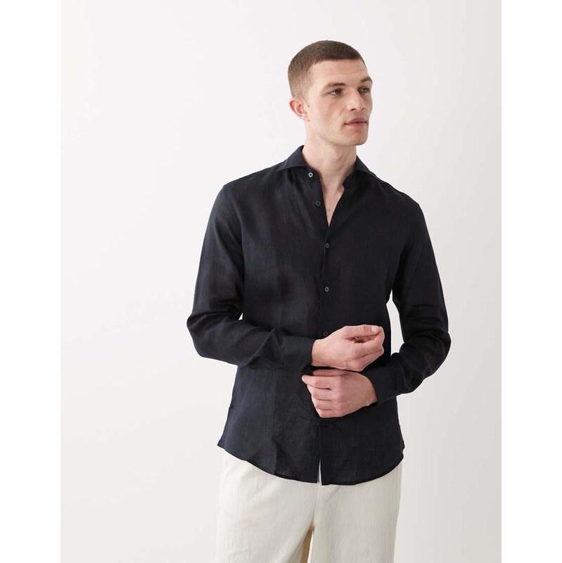 Mango 100% linen relaxed shirt in navy