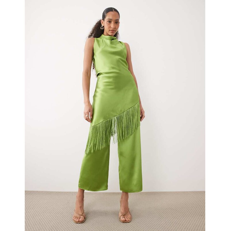 Mango Dylan satin straight leg trouser co-ord in lime-Green 114726131