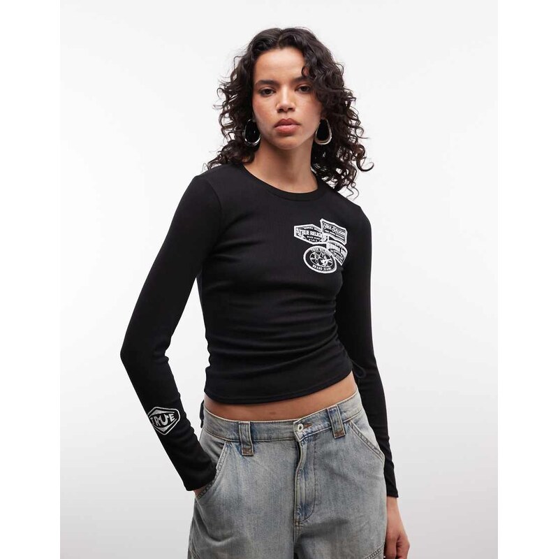 True Religion denim applique asymmetric ribbed top in black