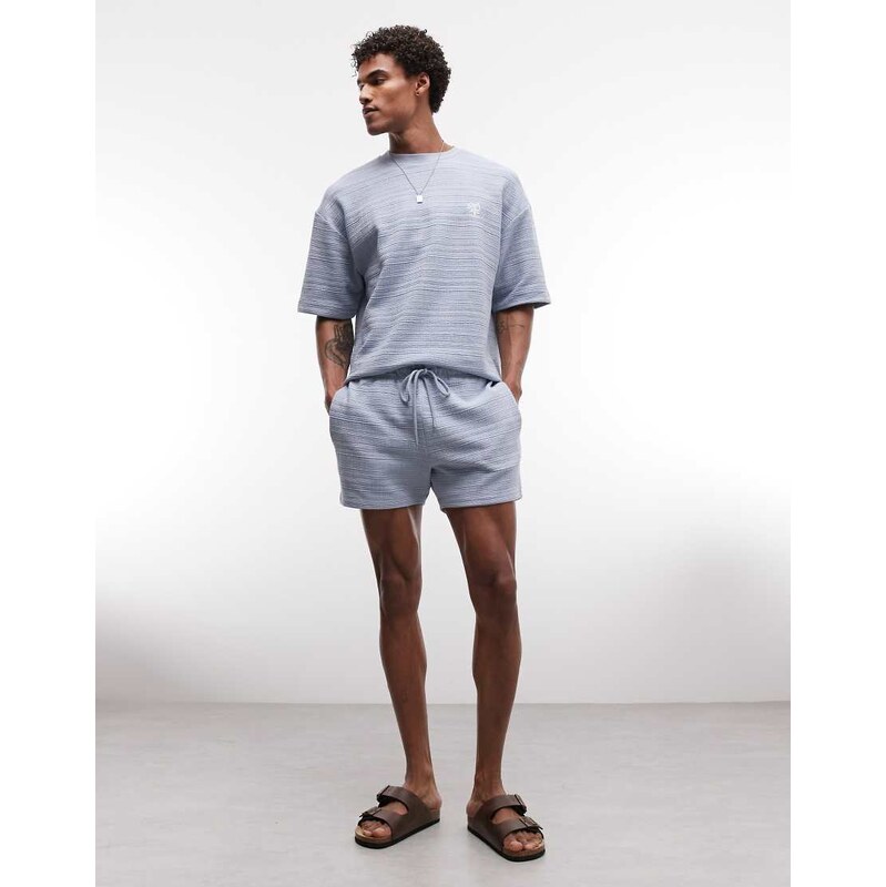 ASOS DESIGN slim crosshatch textured jersey short in light blue