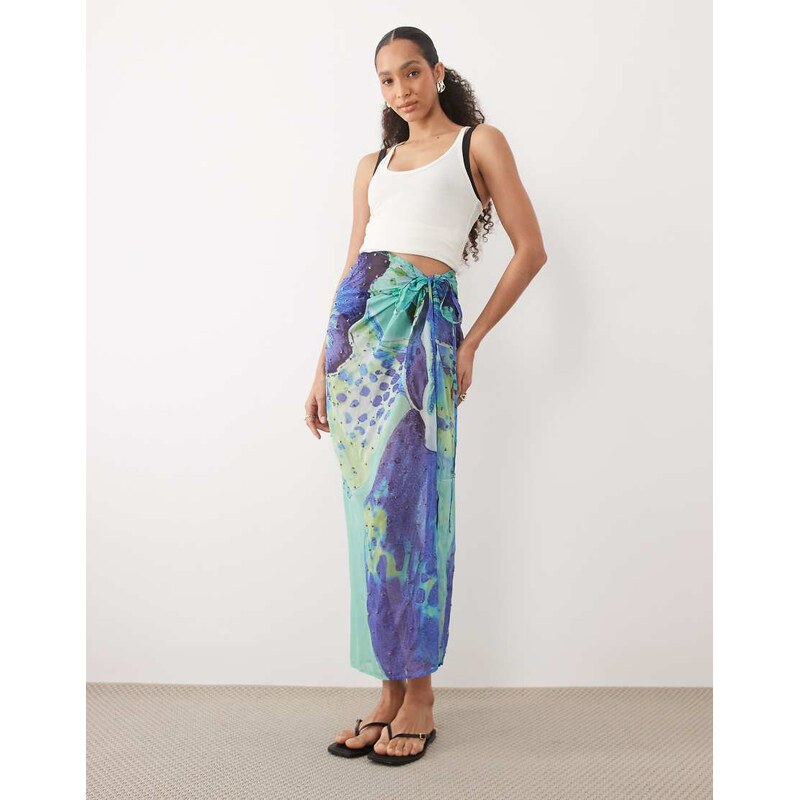 River Island orchard print maxi beach skirt in blue 114726161