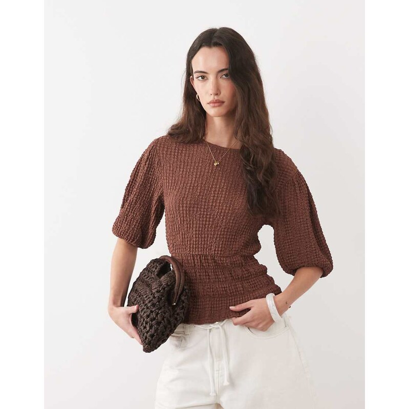 ASOS DESIGN textured cinch waist puff sleeve top in brown