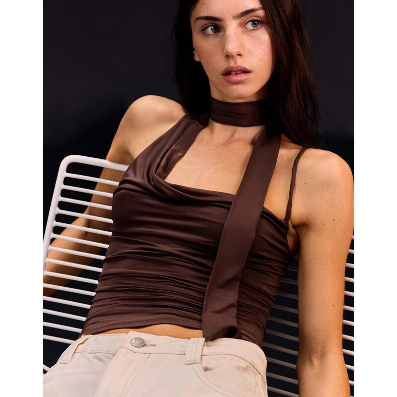 Bershka Asymmetric kerchief top in brown 114726191