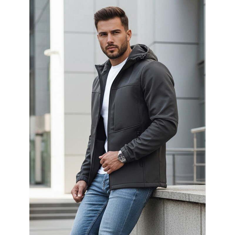 BASIC Tmavě šedá pánská softshellová bunda s kapucí TX4816