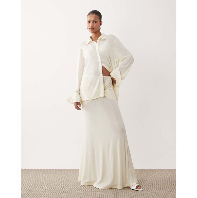 SNDYS soft fine knit semi sheer ruched twist front detail maxi skirt 114773551