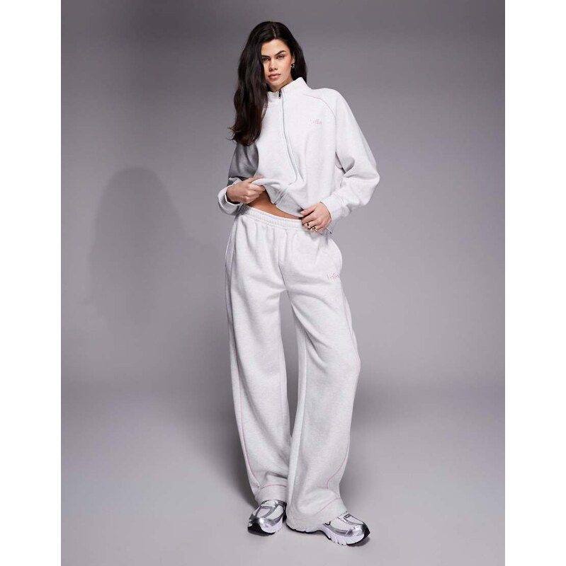 Kaiia cotton rich embroidered logo wide leg joggers co-ord in grey 114927739