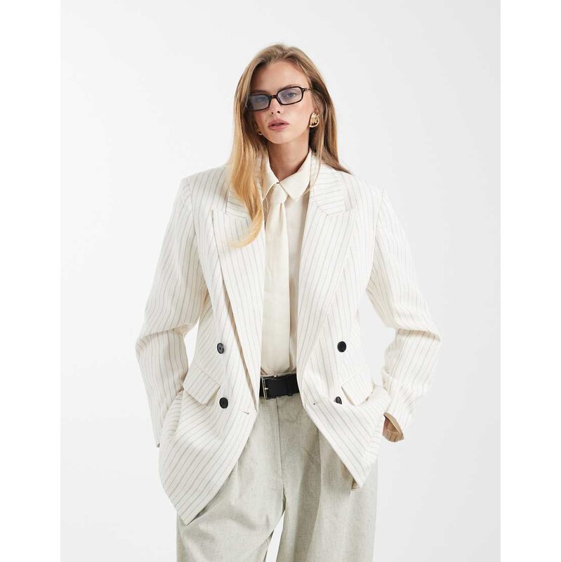 ASOS DESIGN tailored double breasted blazer with linen in ecru stripe-White
