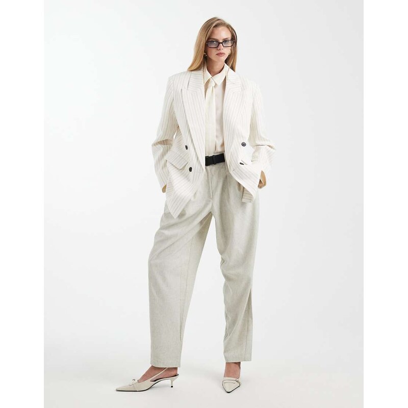 ASOS DESIGN tailored double breasted blazer with linen in ecru stripe-White