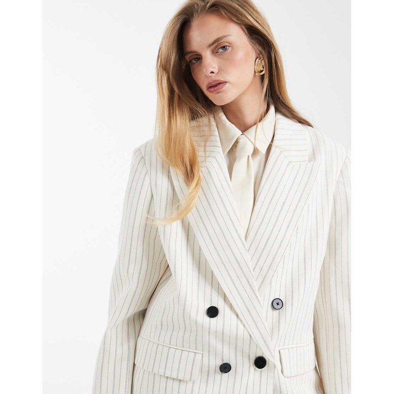 ASOS DESIGN tailored double breasted blazer with linen in ecru stripe-White