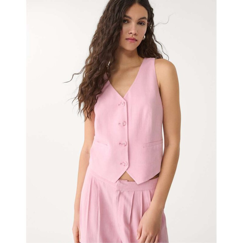 Stradivarius buttoned waistcoat with linen in pastel pink