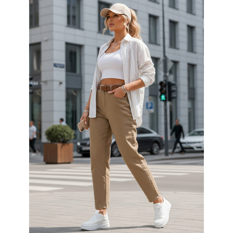 BASIC Dámské mom fit džíny s páskem tmavě béžové Béžová 114725441