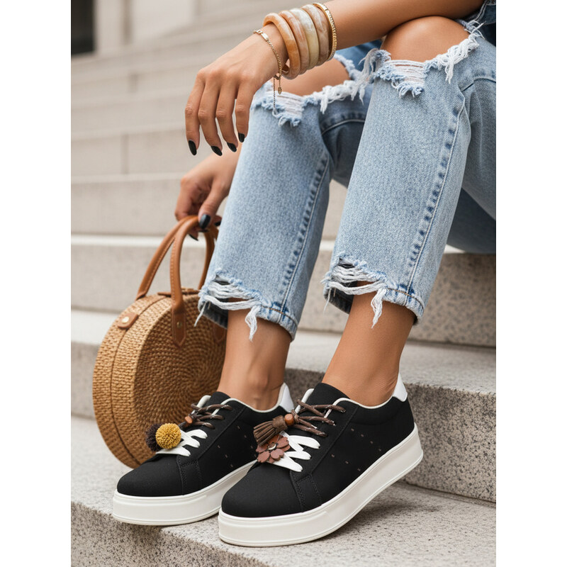 BASIC Dámské semišové sneakersy na platformě s ozdobami černé Černá 114725451
