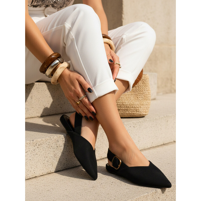 BASIC Dámské semišové slingback baleríny černé Černá