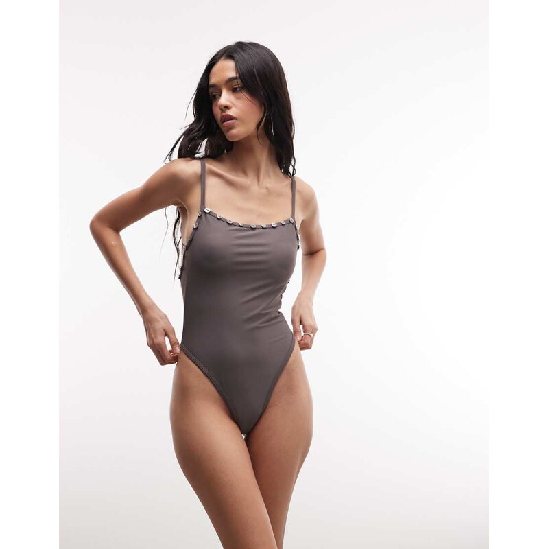 COLLUSION button trim straight neck swimsuit in grey-Black 114727854