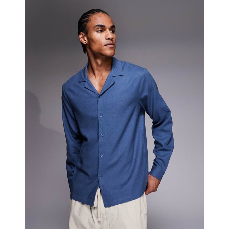 South Beach long sleeve linen shirt in denim blue