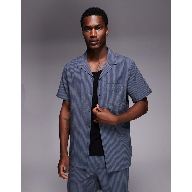 South Beach seersucker shirt in petrol blue