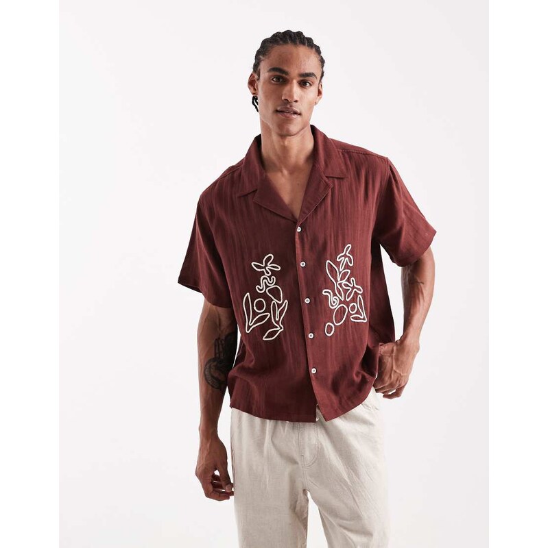 Aray embroidered revere beach shirt in burgundy 114727869