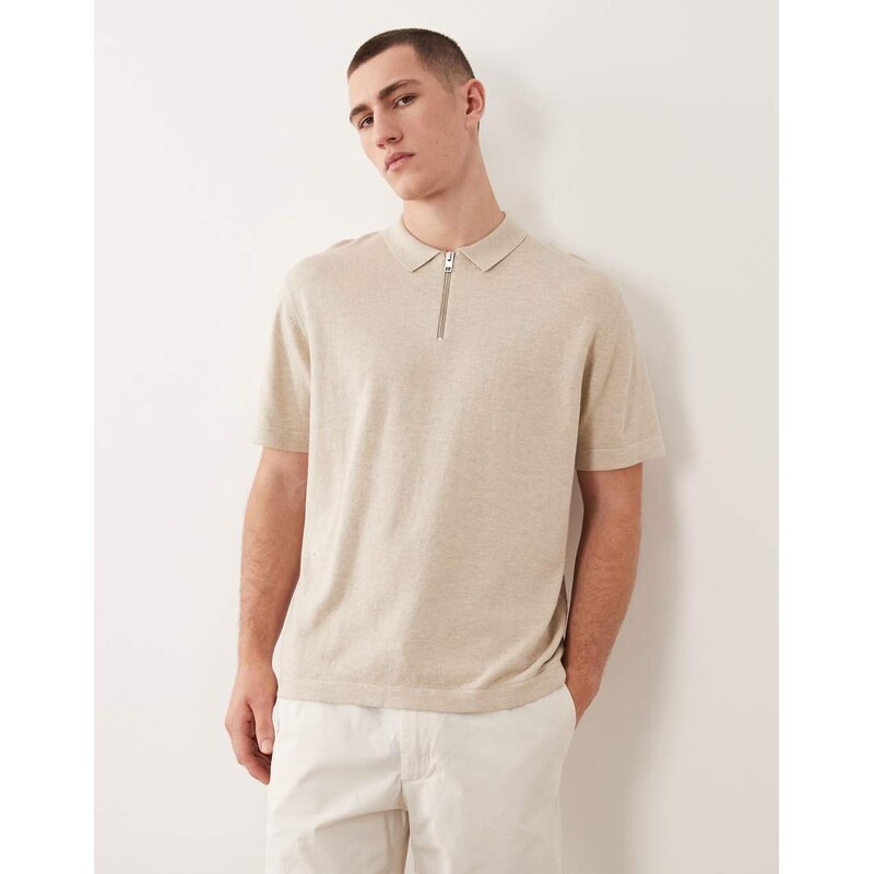 Jack & Jones knitted zip polo in beige-Neutral