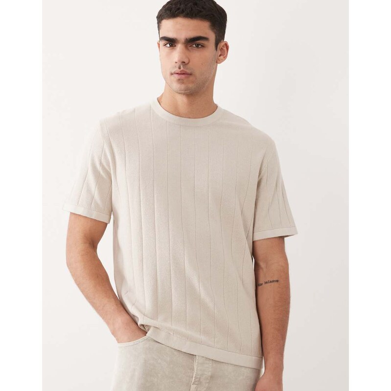 Jack & Jones ribbed knitted t-shirt in cream-White