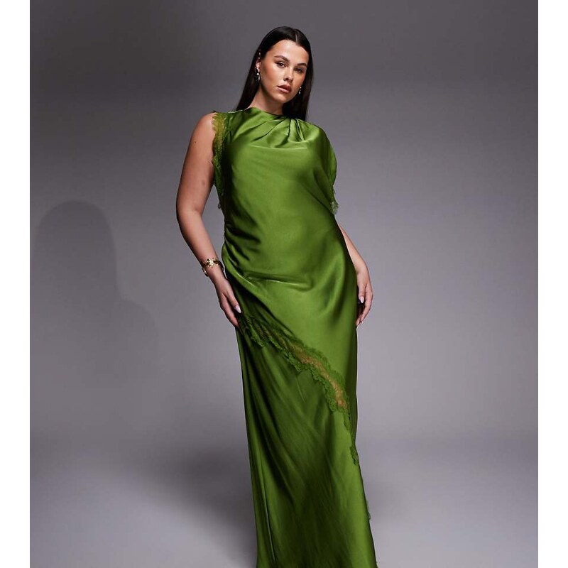 Forever New Curve satin and lace asymmetric shoulder maxi dress in 114727899