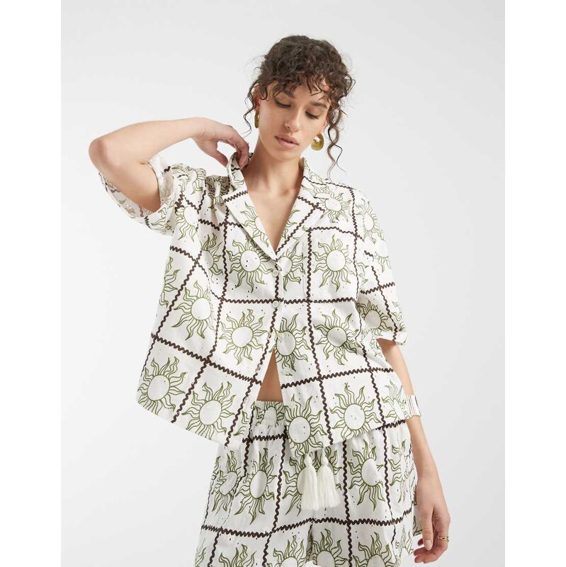 ASOS DESIGN Jersey broderie collared button down shirt in sun