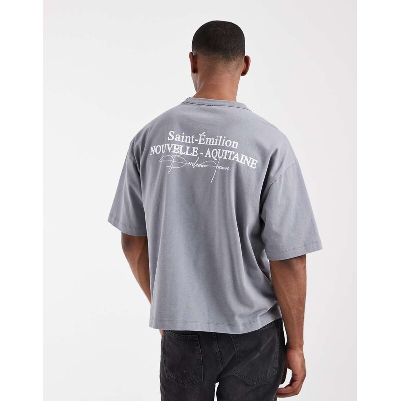 ASOS DESIGN boxy oversized t-shirt with text graphic in grey