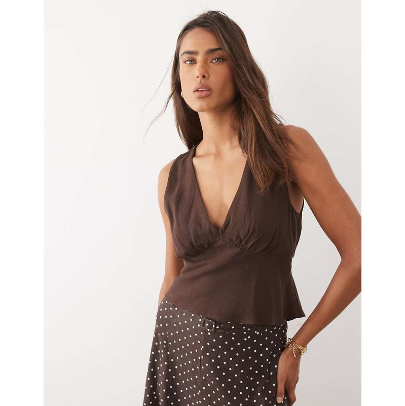 ASOS DESIGN linen blend halter top in chocolate-Brown