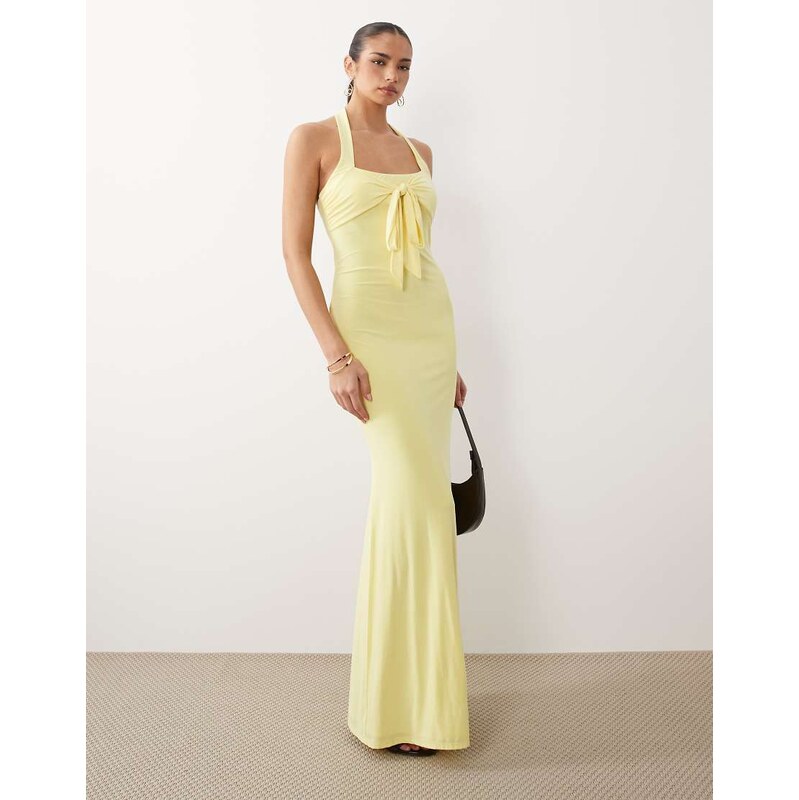 ASOS DESIGN tie front halter maxi dress in lemon-Brown
