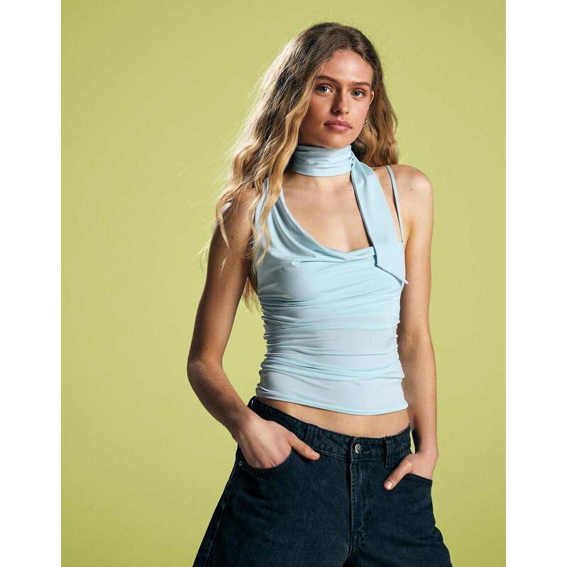 Bershka Asymmetric kerchief top in light blue 114727988