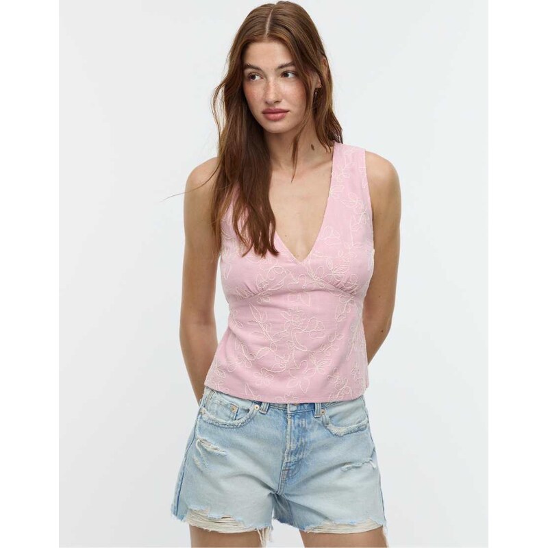 Stradivarius embroidered top with linen in pastel pink 107020304