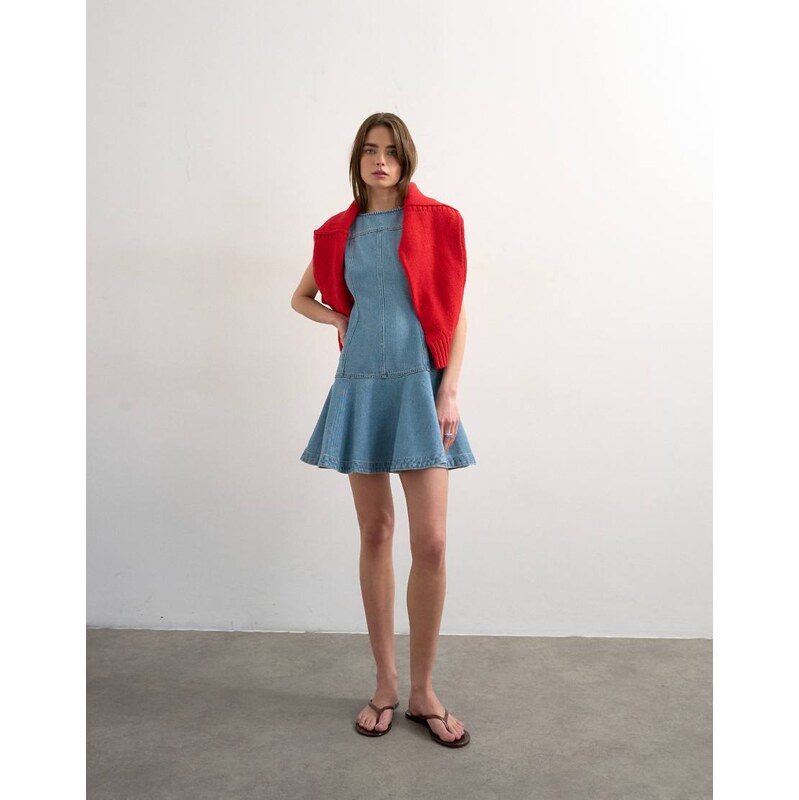 Topshop denim seamed mini dress in bleach-Blue