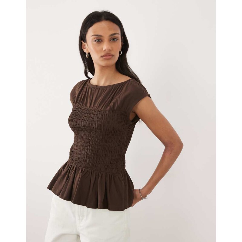 Threadbare jersey cap sleeve shirred top in chocolate brown